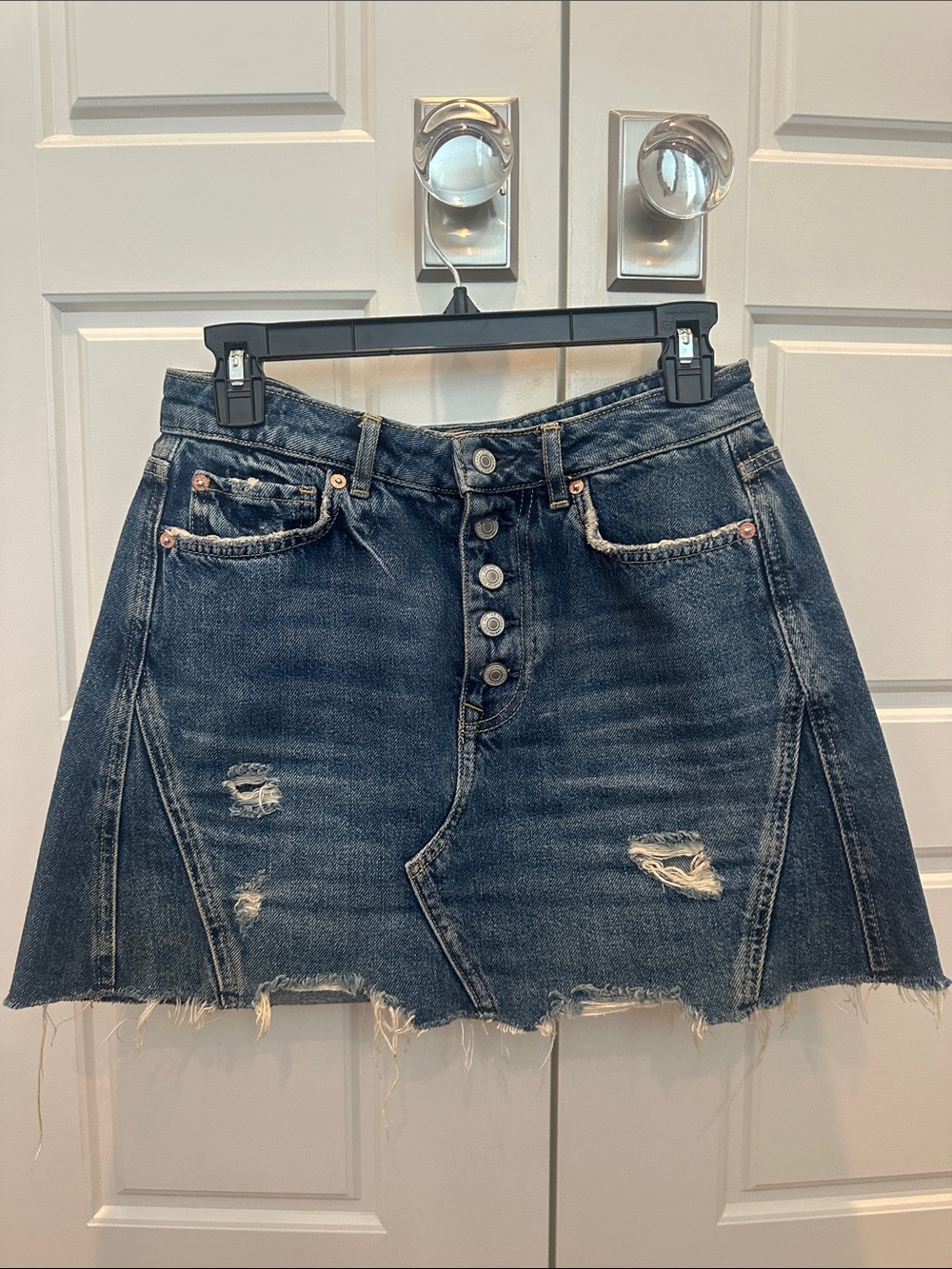 Denim Distressed Button-Front Mini Skirt - Blue